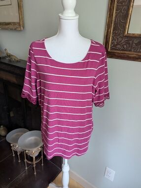 Talbots Plus Women’s 2X Fuchsia Striped Cotton Blend Lace Trim Ballet Neck Tee
